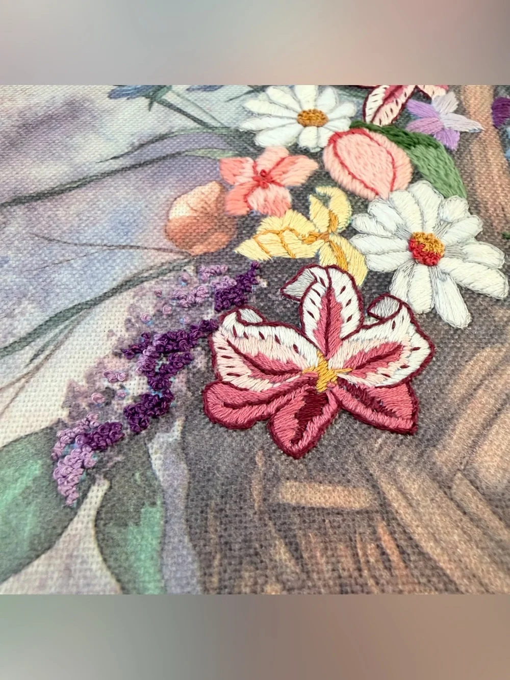 Vintage Crewel 3D Embroidery Wicker Basket Garden Floral Flowers MCM Framed